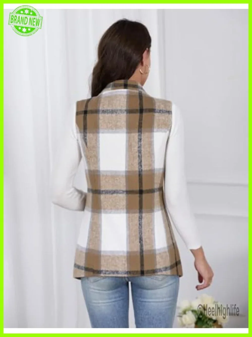 Wool Plaid Sleeveless Blazer Vest Open Front Cardigan